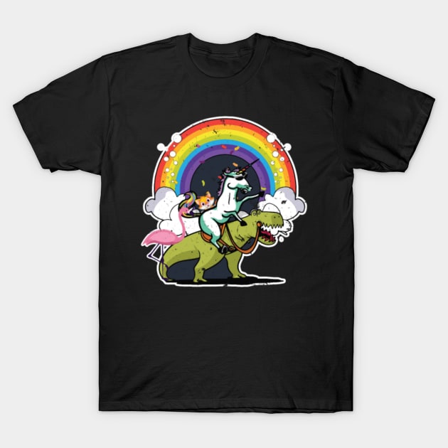 Unicorn Riding T Rex With A Cat, Flamingo, Rainbow T-Shirt by Xizin Gao